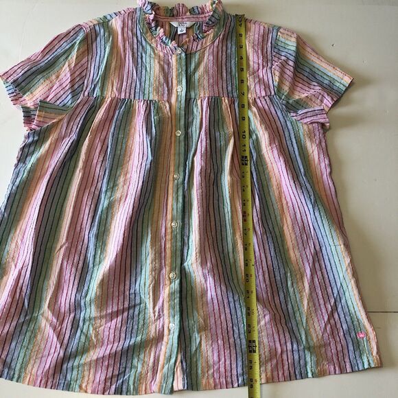 Crown & Ivy Women’s Colorful Striped Short Sleeve High Ruffled Neck Large NWT - Picture 6 of 11